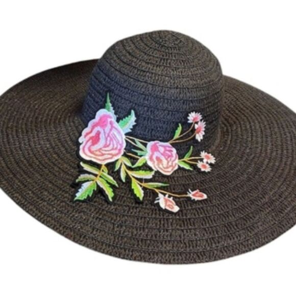Y2K Black with Pink Floral Embroidered Applique Oversized Straw Floppy Hat - Picture 6 of 11